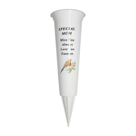 Plastic Flower Holders/Memorial Grave Vases Ornaments - Spike Flower Grave Vases for Grave Decoration with Engraved Funeral Verses for Your Loved Ones - White Spike With Robin Image (Mum)