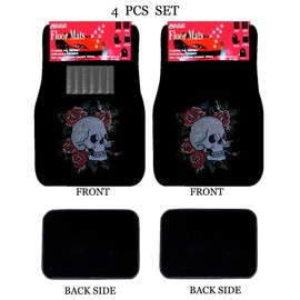 Universal Fit Car Truck Front/Rear 4-Piece Full Set Crystal Bling Rhinestone Design Studded Black Carpet Floor Mats (Happy Skull-Black)