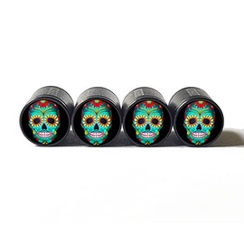 Sugar Skull (Style 4) Tire Valve Caps - Black Aluminum - Set of Four