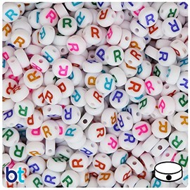 BeadTin White Opaque 7mm Coin Plastic Alpha Beads - Colored Letters (100pcs) (Letter R)