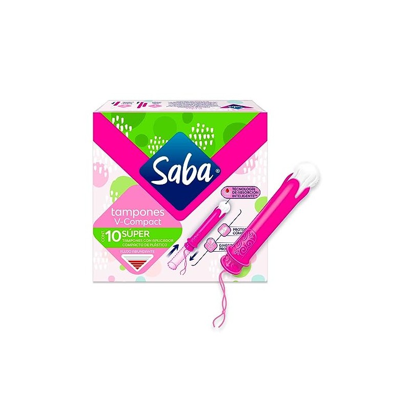 Saba Tampones Super Con Aplicador Compacto, Flujo Abundante, 10 Piezas