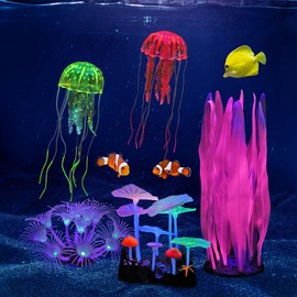 Lpraer 5 Pack Glow Aquarium Decorations Kelp Coral Mushroom Sun Flower Jellyfish Simulation Glow Plant Glowing Effect Silicone for Fish Tank Decorations