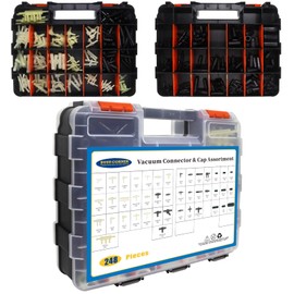34 Sizes Automotive Vacuum Tubing Connector & 9 Sizes Vaccum Caps, Vacuum Tee Connector Assortment Kit, Total 248PCS Packed Double Side Tool Organizer
