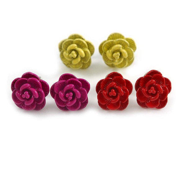 Yellow/Deep Pink/Red Rose Small Stud Earring Set/Silver Tone Metal/ 10mm