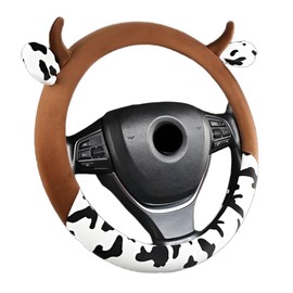Cow Plush Steering Wheel Cover Universal 15 in Cute Fuzzy Cow Horn Car Steering Wheel Cover Non-Slip Stretchy Cow Print Circular Steering Wheel Protector for Auto SUV Sedan Vans Truck Men Women