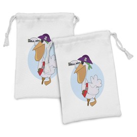 Lunarable Pelican Fabric Pouch Set of 2, Cartoon Illustration of a Pirate Pelican with Peg Leg Looking Through a Telescope, Small Drawstring Bag for Toiletries Masks and Favors, 9" x 6", Multicolor