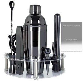 Cocktail Shaker Set with Stand, Cocktail Shaker Bartender Kit: Bar Tool Set, Drink Mixing Includes Martini Shaker,Strainer,Jigger,Bar Mixer Spoon,Muddler, Pourer, Bottle Stopper (Black)