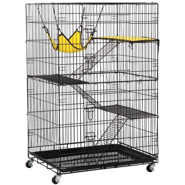 Topeakmart 4-Tier Foldable Kitten Cat Home Cages Wire Pet Crate House with Leopard Hammock Bed & Wheel Casters for Measures 32L x 22W x 48H inches