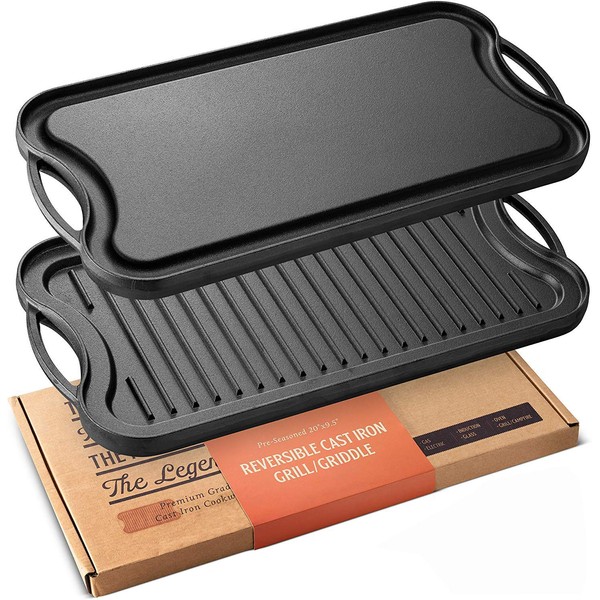 Legend Cast Iron Griddle for Gas Stovetop with Easy Grip Handles | 2-in-1 Reversible 20” | Use On Open Fire & in Oven | Lightly Pre-Seasoned Gets Better with Each Use