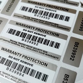 Tamper Proof Stickers in 7 Pack Sizes (50-2500pcs) 2-Part Warranty Void Labels with Barcodes & Unique Serial Numbers (1000pcs)