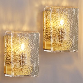 LIANGMH Modern Gold Wall Sconces Set of Two Wall Lights with Water Rippled Glass Shades Square Sconces Wall Lamps for Kitchen Living Room Bedroom Hallway