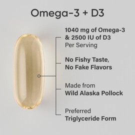 Sports Research Sports Research Triple Strength 1040mg Omega-3 from Wild Alaska Pollock with Vitamin D3 2500iu | 2-in-1 Vitamin D & Omega DHA Fish Oil Supplement Supporting Heart Health - 120 Softgels