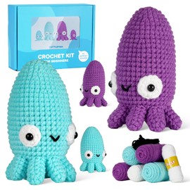 Crochet Kit for Beginners – Squid Family Plush Set with Patterns, Step-by-Step Video Tutorials, Anti-Fray Yarn (+40% Extra), Hook & Accessories, Ideal for All Skill Levels