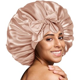 Satin Silk Sleep Cap Adjustable Women's Night Hair Care Protection Head Cap for Curly Long Hair Smooth Breathable (M,Champagne)