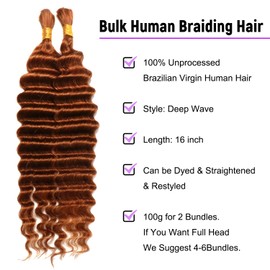 Deep Wave Human Braiding Hair 100% Unprocessed Brazilian No Weft Bulk Human Hair for Braiding 18in #30