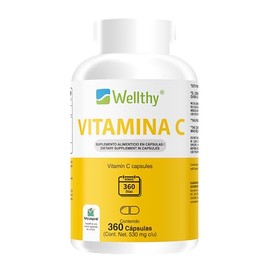 Wellthy Vitamina C 360 Cápsulas. 300mg, Solo 1 Cápsula al día, Casi un Año de Consumo, VCaps Capsulas Veganas. Hecho en Planta Certificada