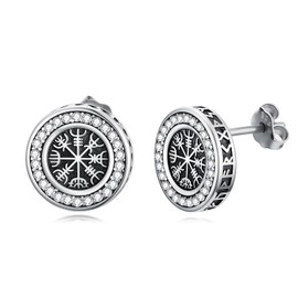 LEECCI Viking Earrings Men 925 Sterling Silver North Compass Stud Earrings Viking Compass jewelry for Men Women