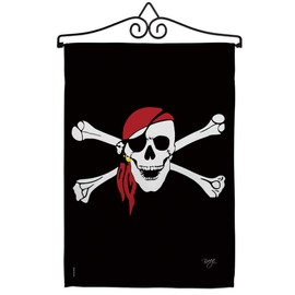 Red Bandana Garden Flag Set Wall Hanger Coastal Pirate Ship Skull Treasure Map Carribean Jolly Blackbeard Jack Small Decorative Gift Yard House Banner Made In USA 13 X 18.5