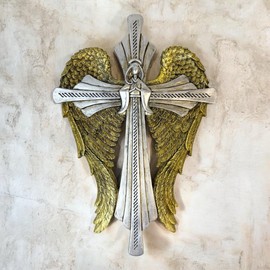 Top Brass Decorative Angel Wing Wall Cross – Gold and Silver Wings Religious Hanging Décor – Christian Home Accent – Inspirational Faith Sculpture