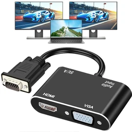 VGA to HDMI+VGA Adapter for Dual Monitors, VGA to HDMI Adapter Splitter 2 in 1,1080P@60HZ Full HD Display Video Converter for PC Laptop Link Monitor/HDTV/Projector, Fully Plug & Play