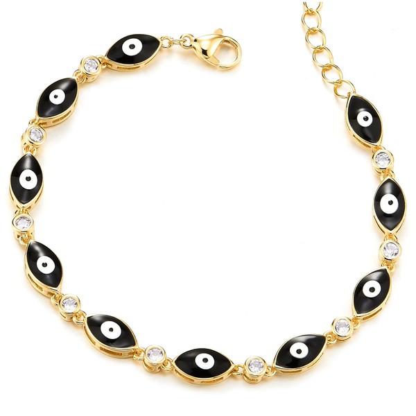 Womens Gold Color Link Chain Bracelet of Black Evil Eye