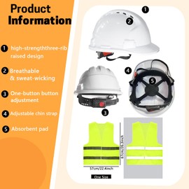 12 Pcs 4 Pt. Suspension Hard Hat with Safety Vests Bulk Safety Helmets Adjustable Ratchet Hard Hats, Vents & Sweat Cotton Brow Pad - ABS Construction Helmets for Work Sites & Outdoor Labor