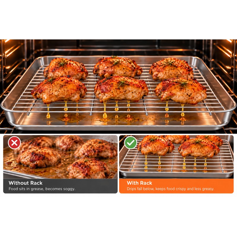 Stainless Steel Baking Pan with Wire Rack for Oven Cooking