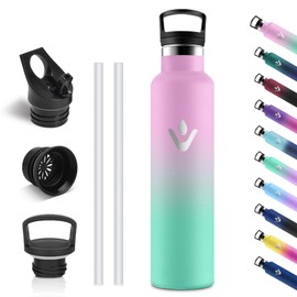 Vikastar Stainless Steel Drinking Bottle, Thermos Flask, 1 Litre, BPA-Free Drinking Bottle, Thermos Bottle with Straw, Drinking Bottle for School, Sports, Bike, Camping, Light Pink & Light Green