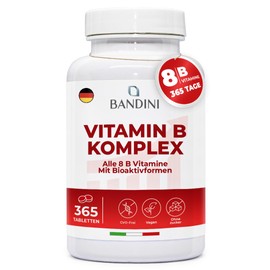 BANDINI Bandini? Vitamin B Complex High Dose, 365 tablets for 12 months, B complex with all 8 B vitamins B1, B2, B3, B5, B6, B7, B9, B12, nervous system, metabolism, mental function, GMO-free, vegan
