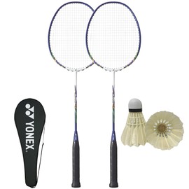 Yonex Muscle Power 9LT MP9LTG Badminton Racket Set of 2 Racket + Shuttle Included, Strung Badminton Racket for Beginners, Beginners (100 White x Navy 2 + 2 Shuttles)