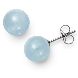 Sterling Silver Natural Milky Aquamarine Gemstone Round Blue Stud Earrings (10mm)