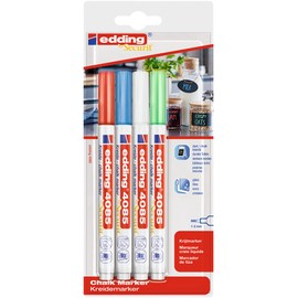 edding 4085 Chalk Marker - Red, White, Blue, Green (Basic) - 4 Chalk Pens - Round Tip 1-2 mm - Chalk Pen for Blackboard, Wipeable - for Windows, Glass, Mirrors - Blackboard Pens with Opaque Colours