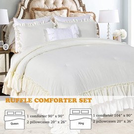 Masaca Ivory Ruffled Comforters Queen Size,Farmhouse Shabby Boho Chic Comforter Set,French Country Microfiber Inner Fill Ivory Bedding 3PCS(1 Ruffle Comforter and 2 Pillowcases)