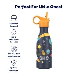 SHO Kids Bottle - Original 2.0 - Ultimate Insulated, Double Walled Stainless Steel Vacuum Flask & Water Bottle - 12 Hours Hot & 24 Hours Cold - 260ml - BPA Free (260ml, Space with Straw Lid)