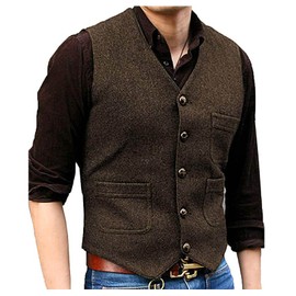 SOLOVEDRESS Mens Vintage Tweed Suit Vest V Neck Casual Wool Waistcoat for Wedding Groomsmen(Coffee,M)