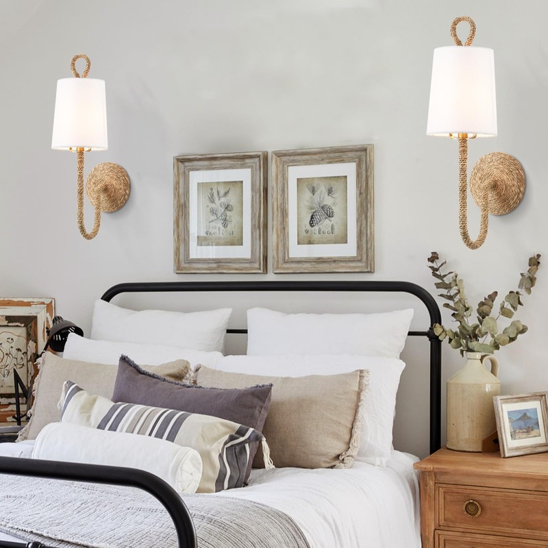 MhyTogn Natural Rattan Wall Sconce Set of 2, with Boho