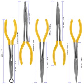 FUNSUEI 5 PCS 11 Inch Long Needle Nose Pliers Set, Long Nose Pliers Set, Long Reach Pliers Set Including 90 Degree, 45 Degree, 25 Degree, Straight Needle Nose and Circle Pliers