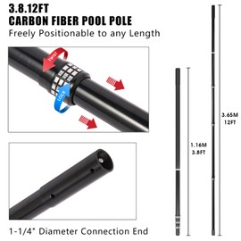 Carbon fiber pool pole, 4-section telescopic 12 foot, lightweight and easy to grip adjustable cleaning pole, used for pool cleaning, connected to fishing net, rake, brush, vacuum head cleaning (12FT)