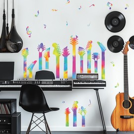 SUPERDANT Colorful Guitar Neck Wall Stickers Guitar Vinyl Wall Decals Music Notes Stickers DIY Wall Art Decorations for Classroom Music Room Bedroom Living Room Wall Decor 96x30cm/37x11in