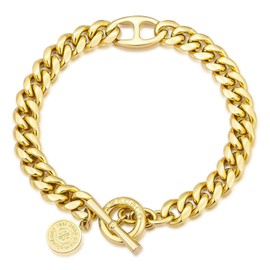 KRKC&CO Men’s Bracelets, OT Toggle Clasp Cuban Bracelet 14K Gold Plated Stainless Steel 8mm, Anti-Tarnish Nickel-Free, Streetwear Urban Chunky Bold Gold Wrist Chain for Man Youth, Double Ring-7.5in