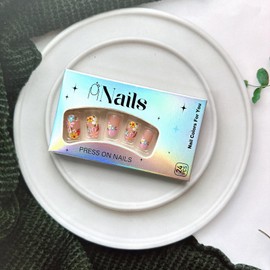 Pink French Tip Press on Nails Flower Fake Nails Short Almond False Nails with Colorful Flowers Design Glossy Full Cover Round Head Shape Spring Summer Floral Glue on Nails for Women Nail Decoration