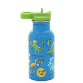 Tyrrell Katz Kids Dinosaurs Printed Drinking Bottle in Blue with Straw - Stainless Steel Dishwasher Safe Children's School Water Flask - 400 ml