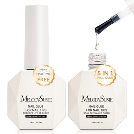 MelodySusie 3Free 5 in 1 Nail Glue Gel for False Nail Tips, NO Hema HPMA TPO, Super Sticky and Strong Adhesion, Rhinestone, Blooming Gel, Base Coat, UV Lamp Curing Needed,2 Pcs 15ml