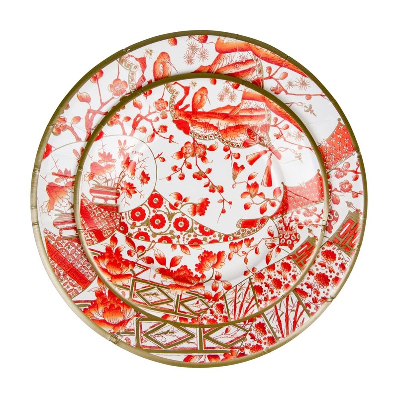 Caspari Gilded Porcelain Coral Dinner Plates - 8 Per Package