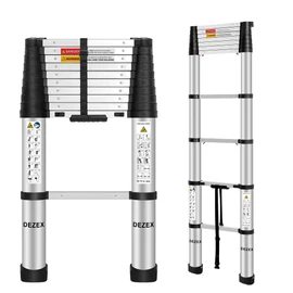 DEZEX 10.5 FT Aluminum Telescoping Ladders - One-Button Retraction Collapsible Extension Ladder for Home,RV,Attic & Loft, Lasts 330 LBS with Non-Slip Cushions