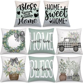 Mixweer Set of 8 Home Sweet Home Pillow Covers 18 x 18 Inch Farmhouse Eucalyptus Leaves Truck Stripes Buffalo Plaid Cushion Throw Pillow Covers Decorations Case for Sofa Couch