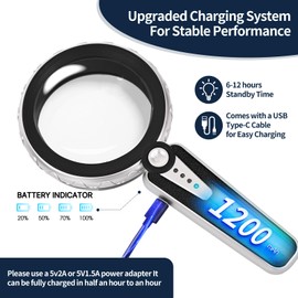 HUIBOER 45X Magnifying Glass with Light, 4.6 Inch 1200mAh USB Rechargeable Large Handheld Magnifier, 6 Color Modes, Perfect for Low Vision Seniors, Macular Degeneration & Fine Print (Black)