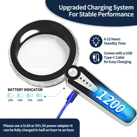45X Magnifying Glass with Light, Rechargeable LED Magnifier for Reading | 1200mAh Battery • 6 Light Modes • Dual Acrylic Lenses • 4.6" Lens • Adjustable Brightness • 12 LEDs • Non-slip Handle