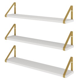 Wallniture Ponza White Floating Wall Shelves with Gold Color Metal Brackets, Living Room, Bedroom, Bathroom, Home Office Decor, Set of 3