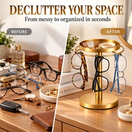 360° Rotating Eyeglass Stand for Organization – Space-Saving Stackable Glasses Display Rack with Tray for Desk or Home